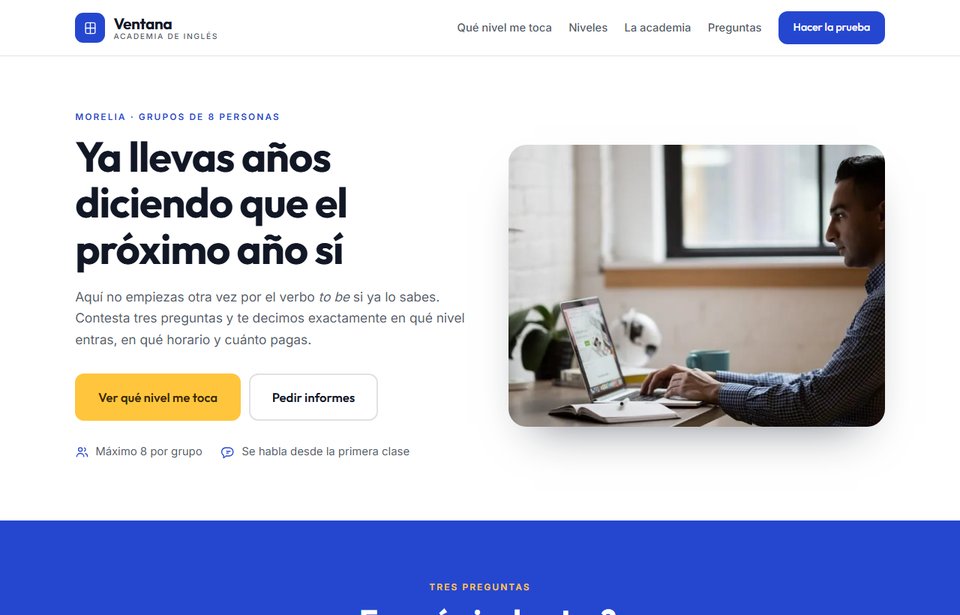 Vista de la página de ejemplo para una academia de inglés