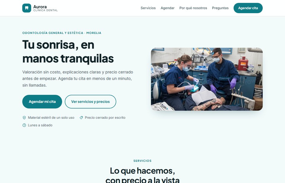 Vista de la página de ejemplo para una clínica dental