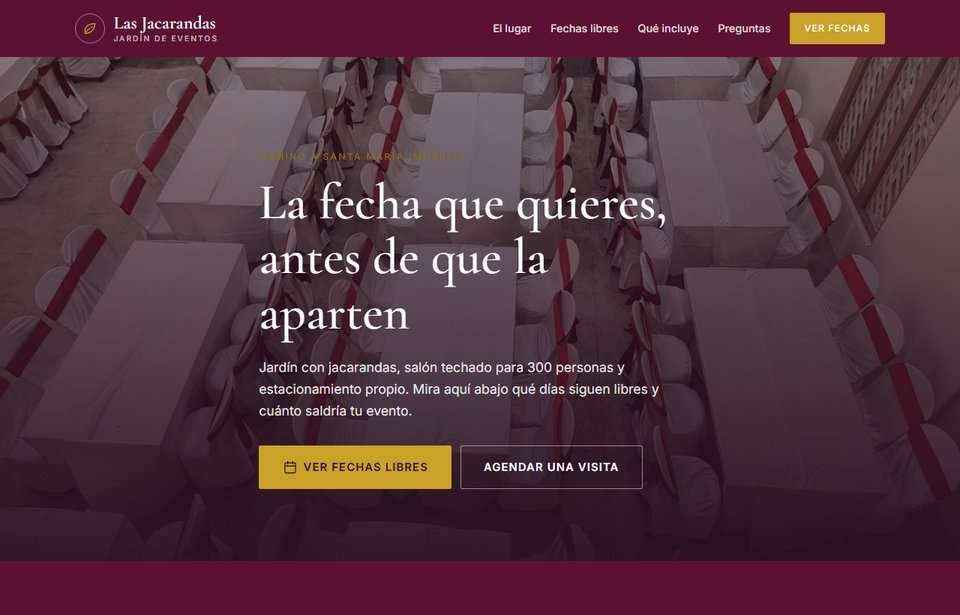 Vista de la página de ejemplo para un salón de eventos