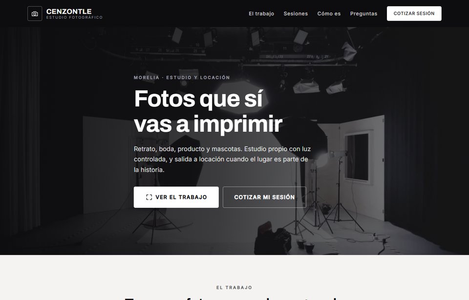 Vista de la página de ejemplo para un estudio fotográfico