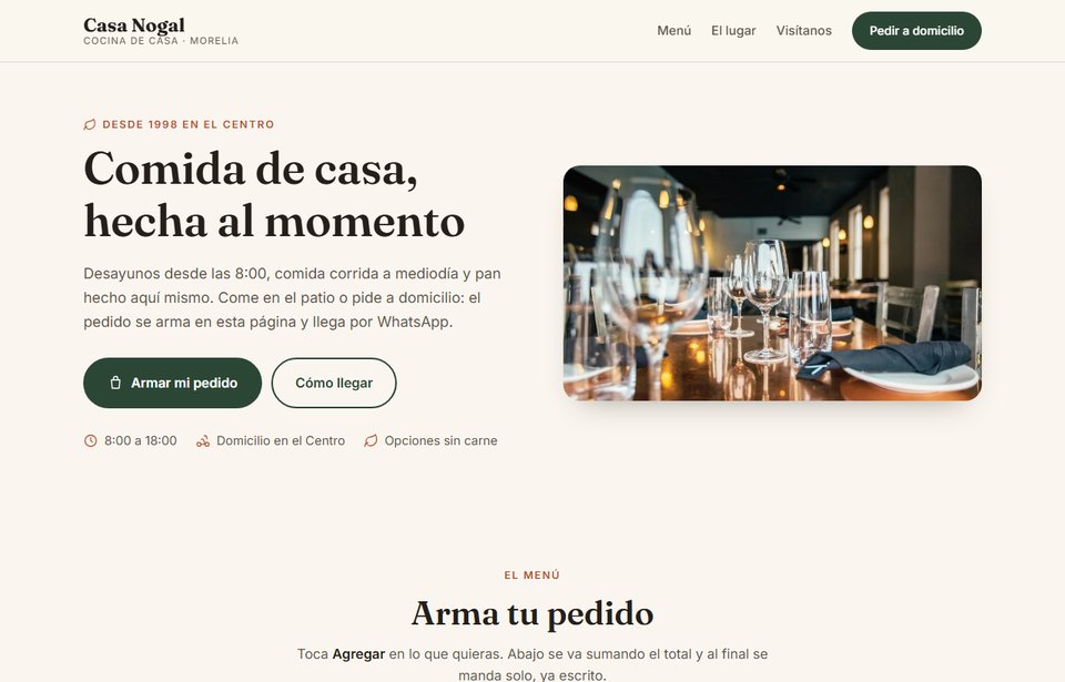 Vista de la página de ejemplo para un restaurante