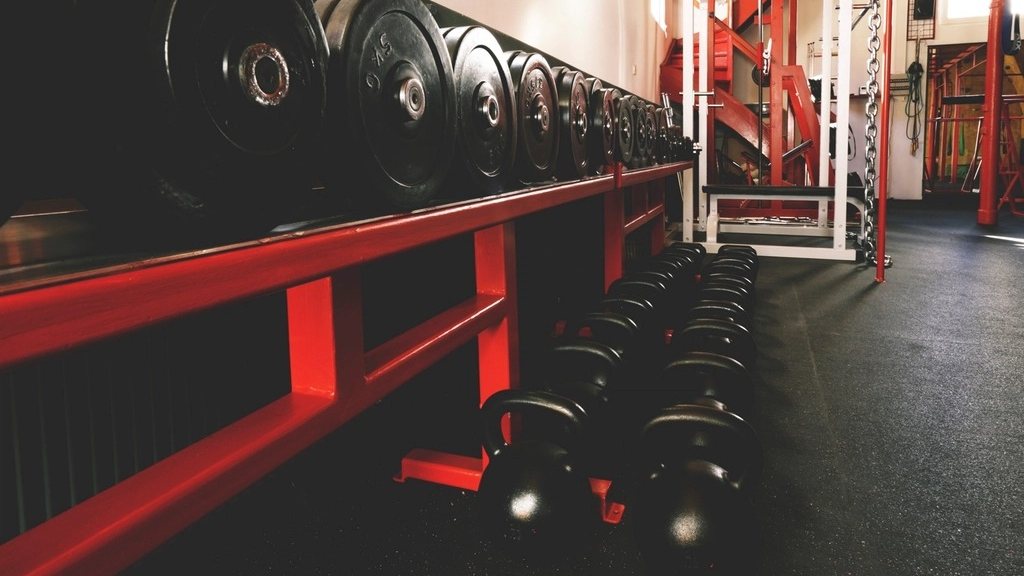 Rack de mancuernas en el área de pesas del gimnasio